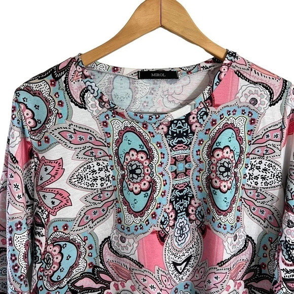 Mirol Colorful Blouse XL Kaleidoscope Patterned 3/4 Sleeves Sharkbite Hem Tunic - Picture 3 of 9